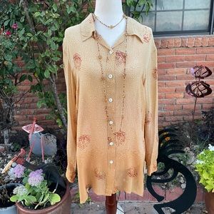 Katherine Kelly Collections • Size 12 • 100% Silk • Brwon/Gold • Floral • Blouse